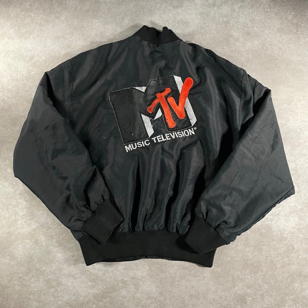 80s VTG MTV Music Television Embroidered Button Up Bomber Jacket Medium